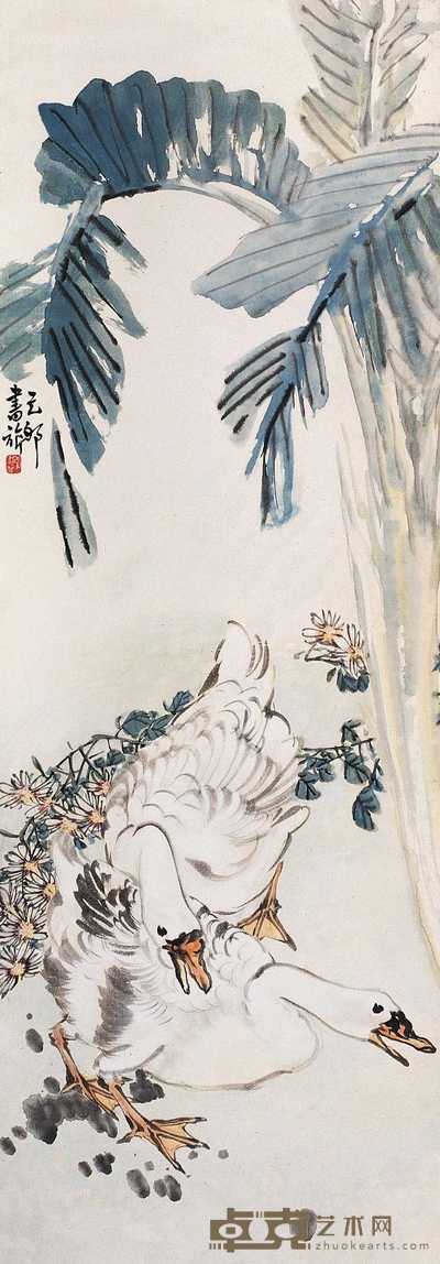 张书旂 1939年作 双鹅图 立轴 111.5×39cm